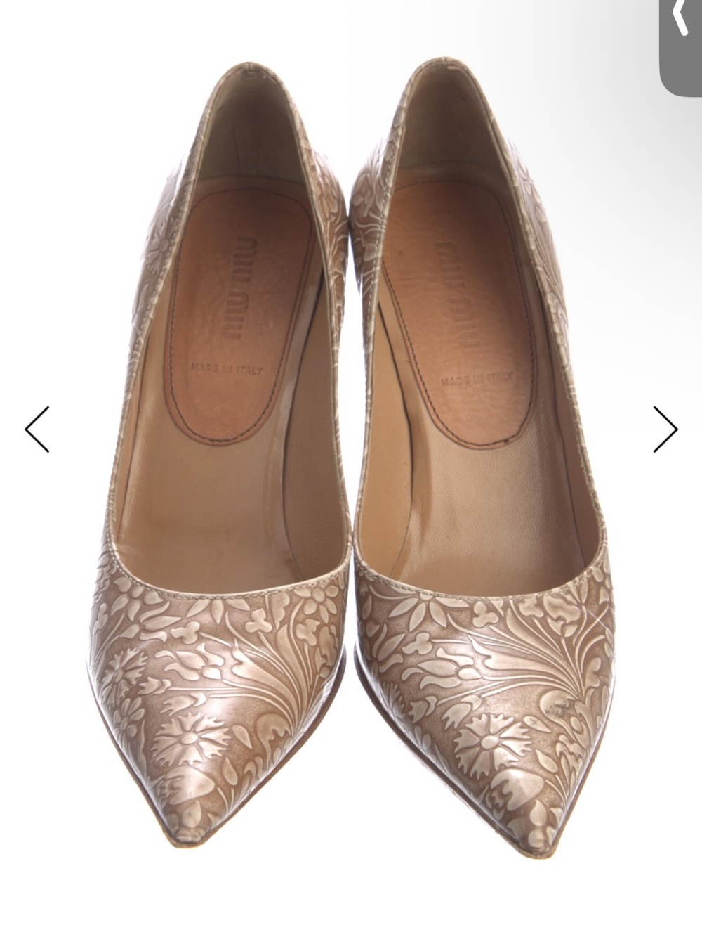 RARE VINTAGE ARCHIVE 99’ Miu Miu Camel Leather Embossed Floral Pointed-Toe Pumps
